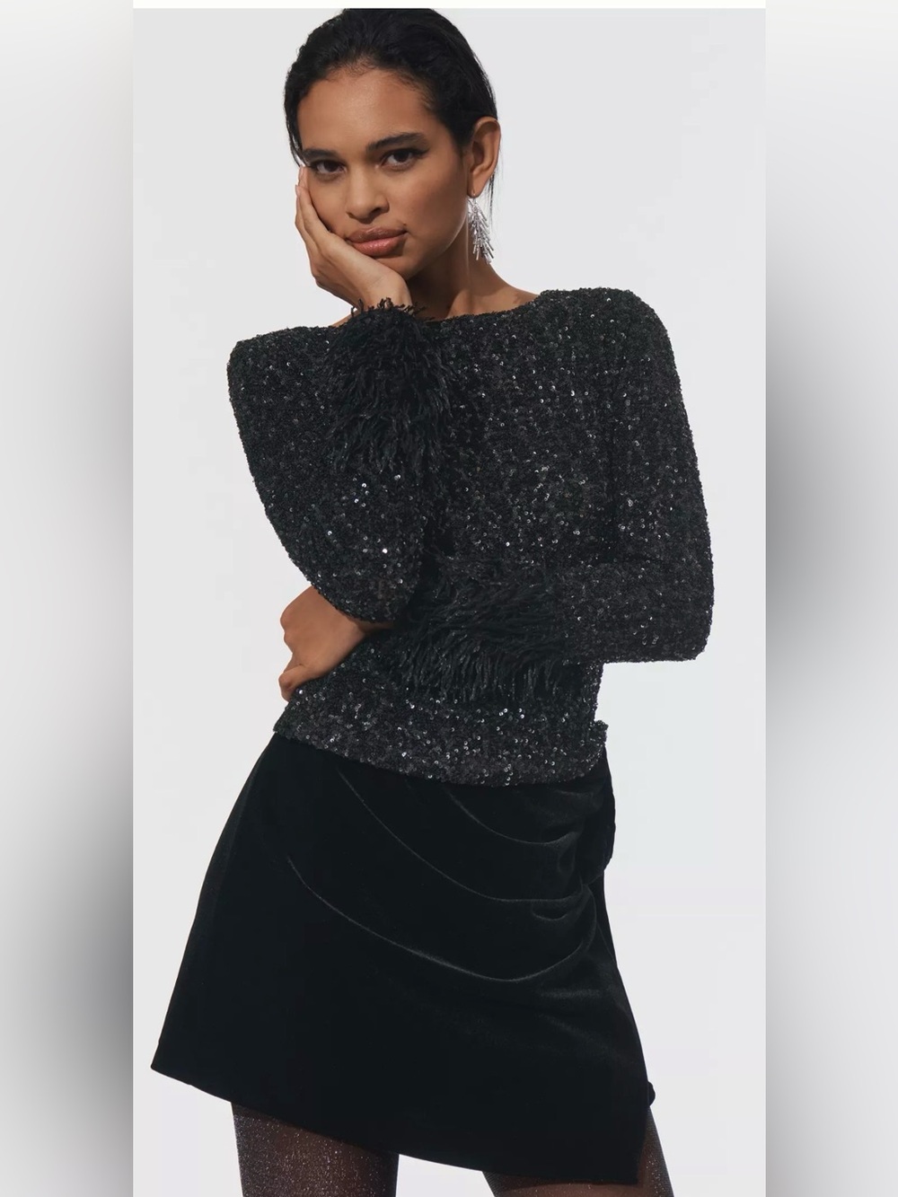 Anthropologie Maeve Faux Fur Sleeve Black Sequin Top Size Small